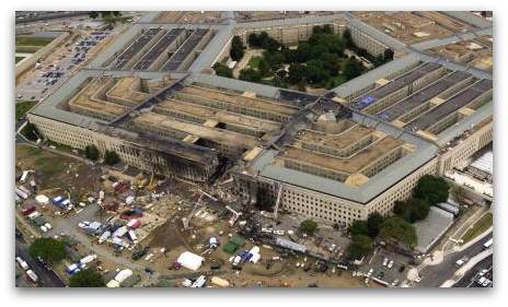Aerial photo of the Pentagon, showing the damage caused by hijacked American Airlines Flight 77 on the morning of September 11, 2001.