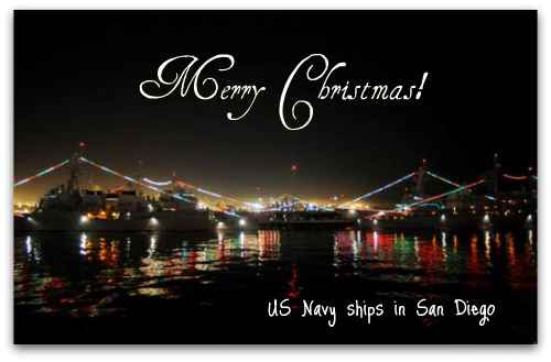 US Navy ships decorated for Christmas at Naval Station San Diego.